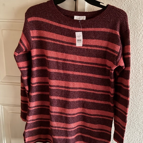 LOFT Striped Crew Neck Sweater - Pink and Burgundy - Picture 3 of 6